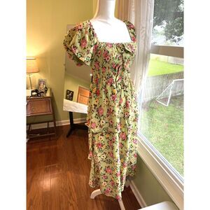 Rebellion Smocked Floral Maxi Dress Size M Puff Sleeves Bows Tiered BNWT